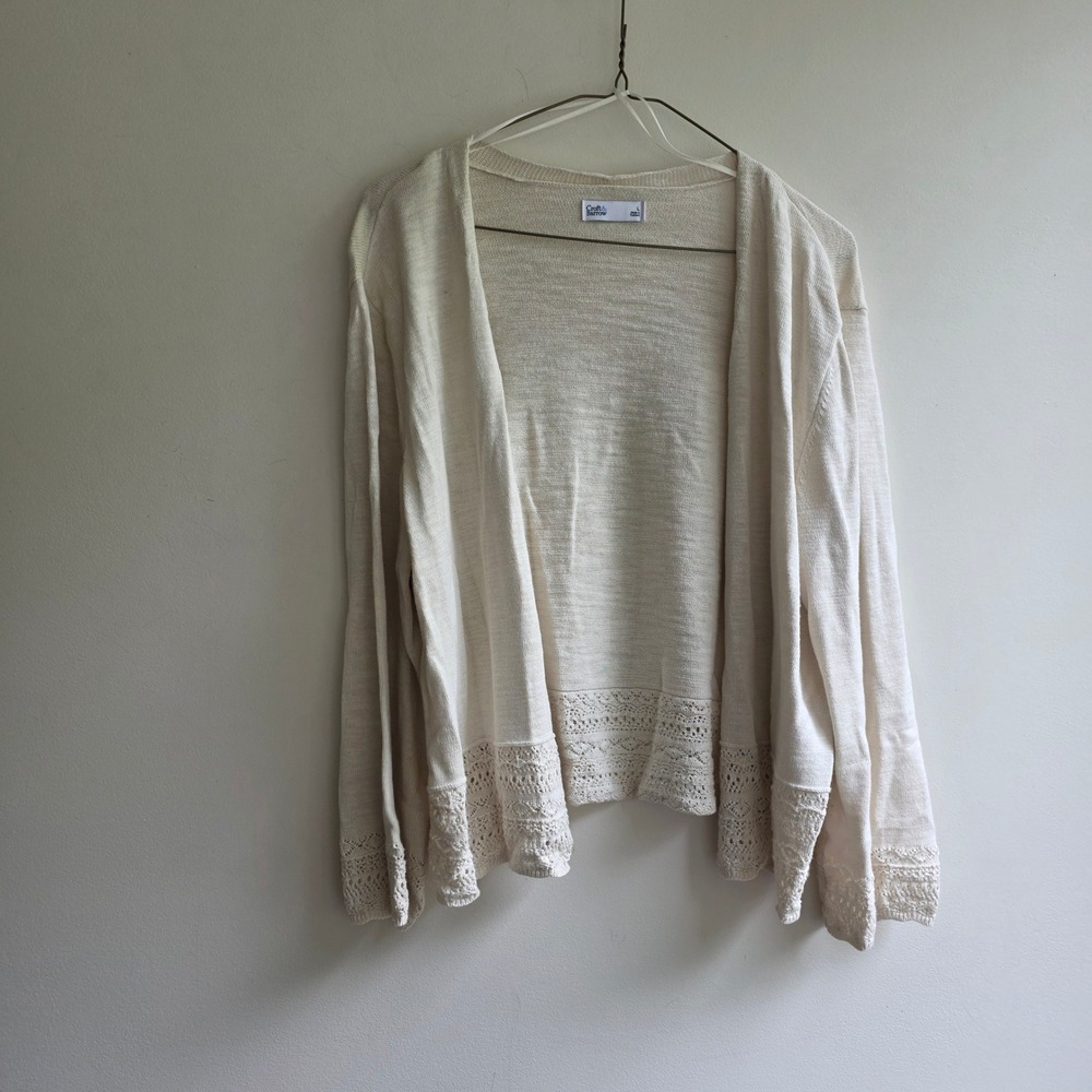 Croft & Barrow Cream Crochet Lace Trim Cardigan Boho Large Granola Soft‎ Girl